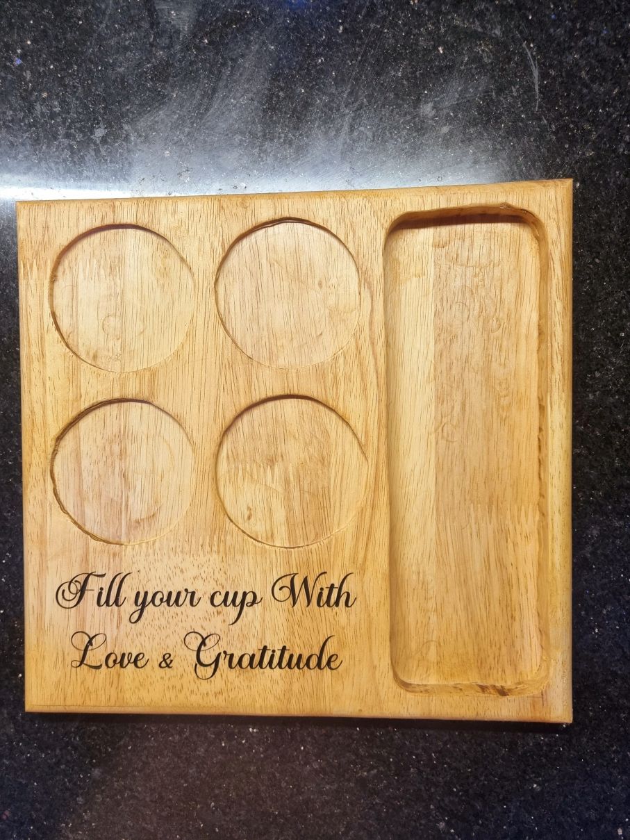 Elegant Wooden Engraved Tray with Ceramic Lid Cups (Set of 4) - Image 2