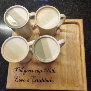 Elegant Wooden Engraved Tray with Ceramic Lid Cups (Set of 4)