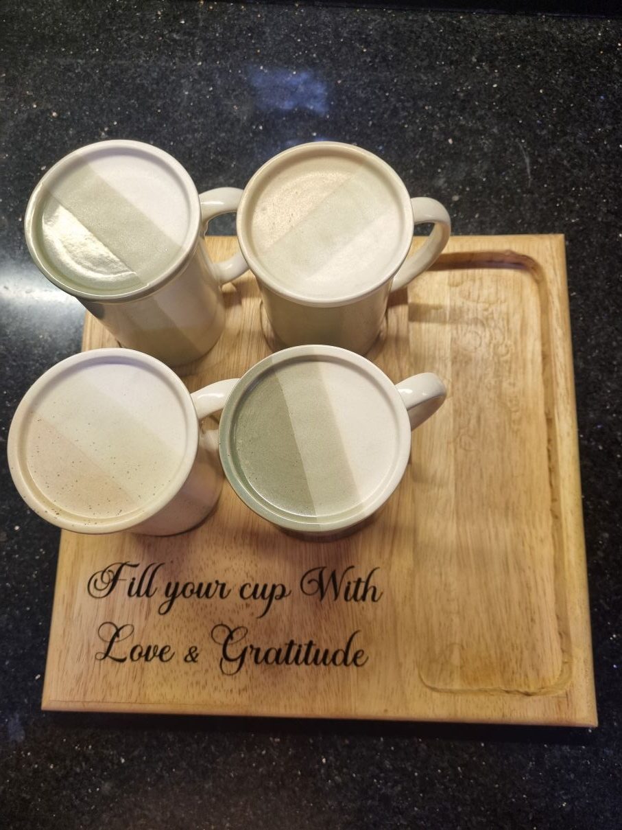 Elegant Wooden Engraved Tray with Ceramic Lid Cups (Set of 4)
