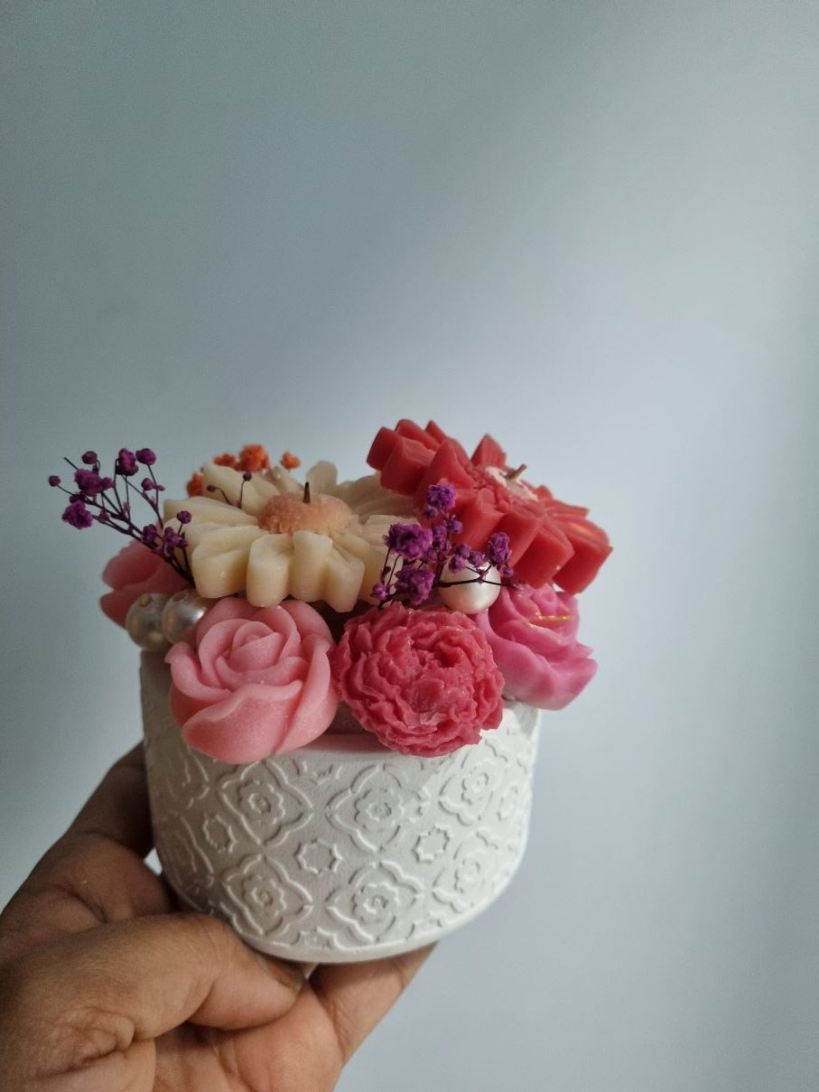With bright colours Wax Candle Flower Bouquet in Round Basket - Image 2