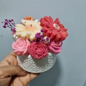 With bright colours Wax Candle Flower Bouquet in Round Basket
