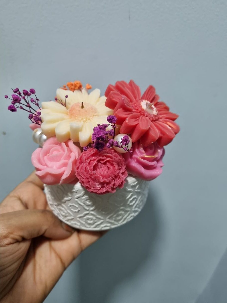 With bright colours Wax Candle Flower Bouquet in Round Basket