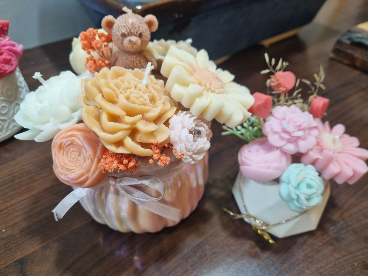 Wax Candle Flower Bouquet in Round Basket - Image 2