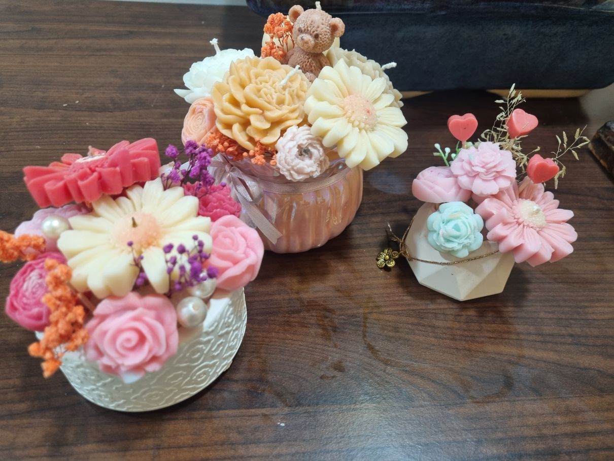 With bright colours Wax Candle Flower Bouquet in Round Basket - Image 4