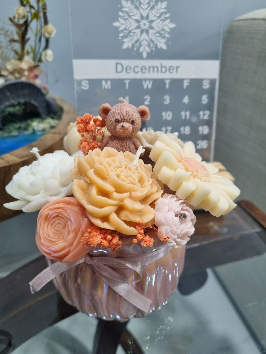 Wax Candle Flower Bouquet in Round Basket - Image 4