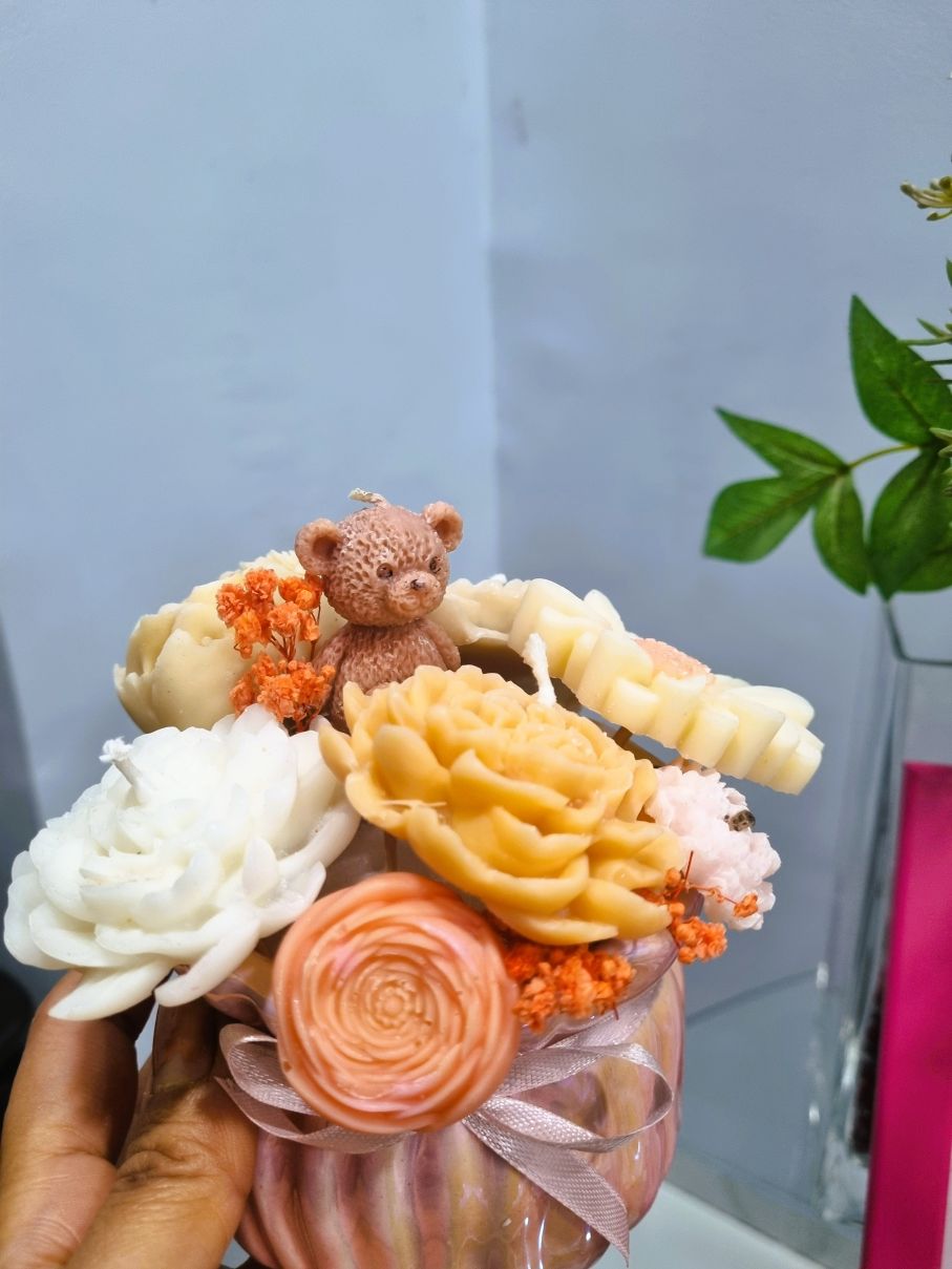 Wax Candle Flower Bouquet in Round Basket