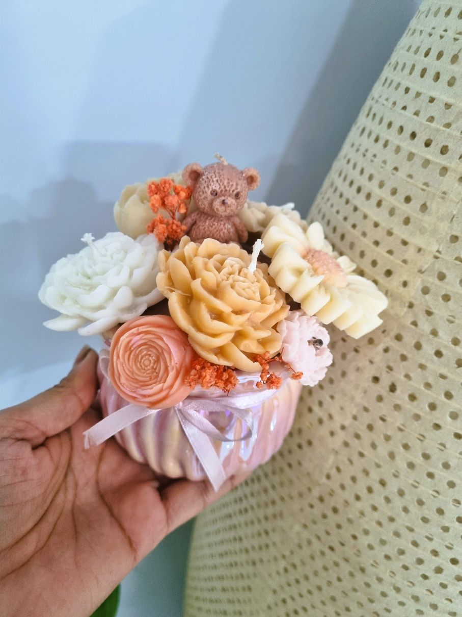 Wax Candle Flower Bouquet in Round Basket - Image 6