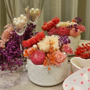With bright colours Wax Candle Flower Bouquet in Round Basket