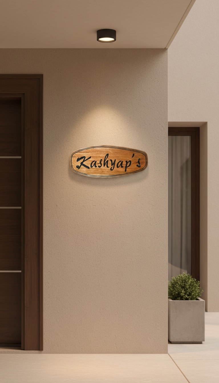 Personalized Natural Wood Engraved Name Plate – Premium Oval House Sign